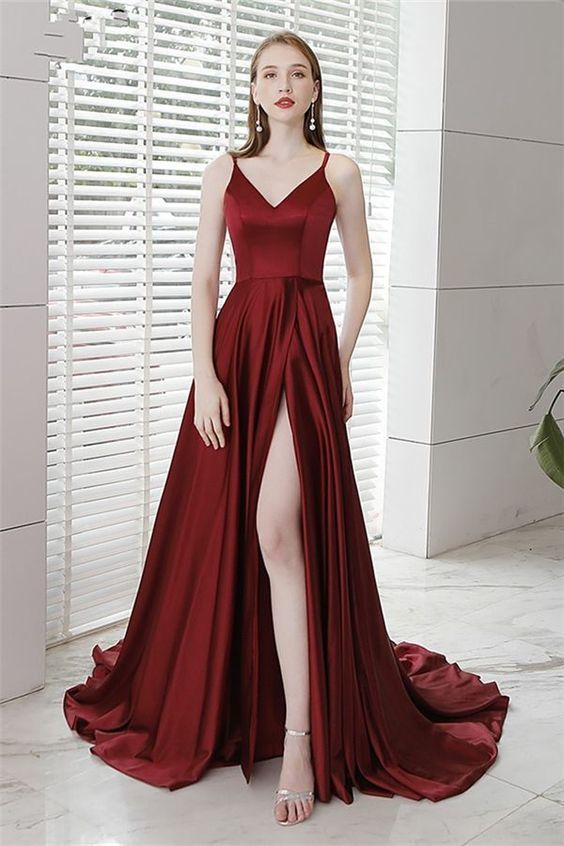 Spaghetti Straps Floor-Length Split-Front Evening Dress 2019 ,burgundy prom dress cg613