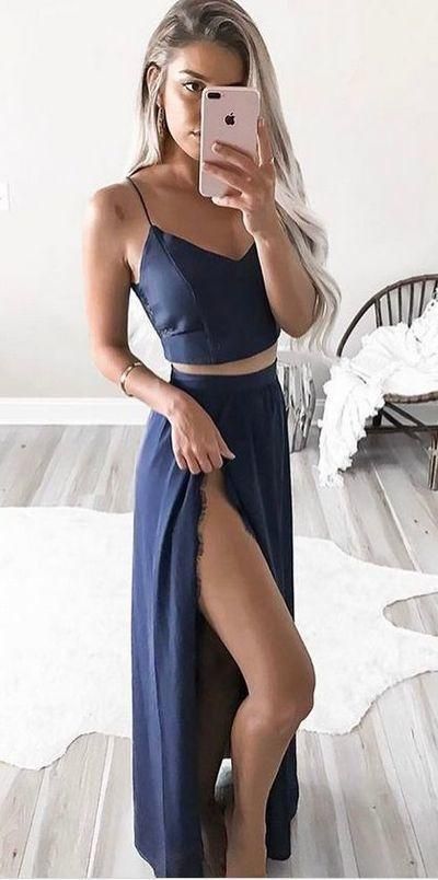 Two Piece Navy Blue Long Prom Dress with Slit  cg6136