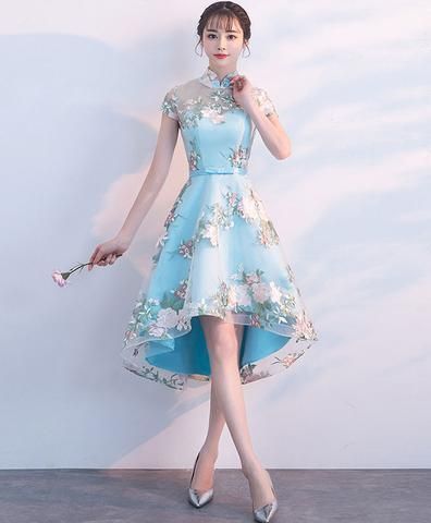 Unique Blue Tulle Embroidery Short Prom Dress, Blue Evening Dress  cg6224