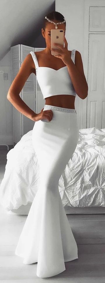White Beaded Two-Piece Long Prom Dress   cg6242
