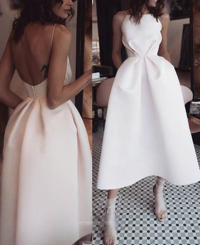 A-Line Spaghetti Straps Backless Tea-Length White Prom Dress with Pockets cg627
