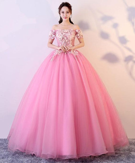Pink tulle lace long prom dress, pink lace sweet 16 dress  cg6285