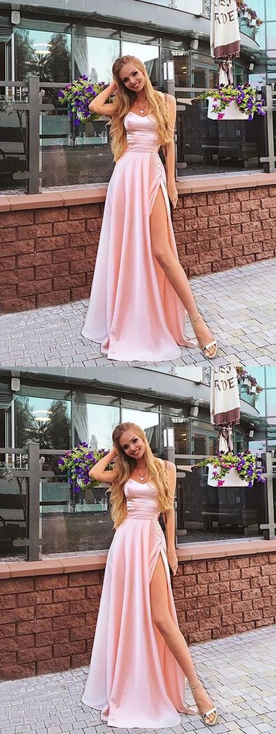 Charming A Line Sweetheart Spaghetti Straps Slit Pink Long Prom Dresses, Beautiful Evening Dresses cg630
