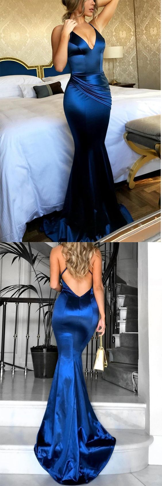 Royal Blue Long Mermaid Evening Gowns Backless V Neck Court Train Prom Dresses  cg634