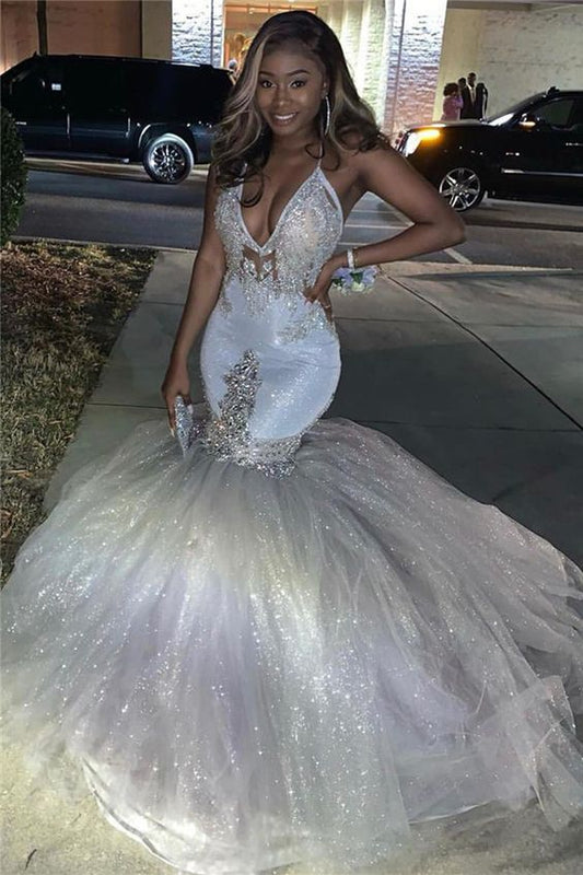 Spaghetti Straps Deep V-neck Silver Sequin Sexy Mermaid Prom Dress  cg6346