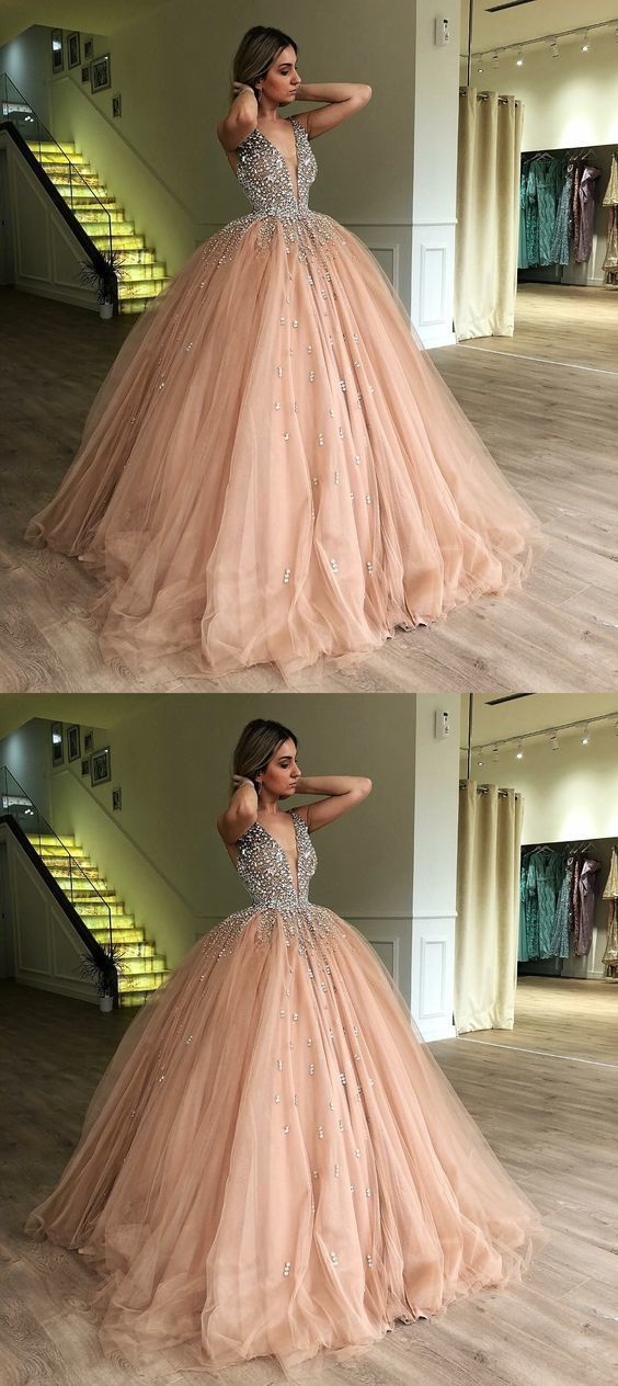 Ball Gown Deep V-Neck Low Cut Champagne Quinceanera Dress with Beading , sparkly prom dress  cg635