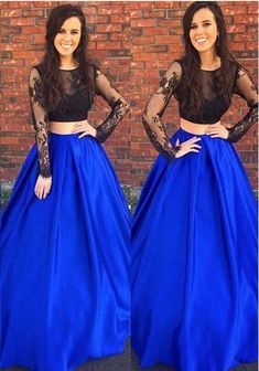 Prom Dress Classy Elegant A-Line/Princess Royal Blue With Black Long Sleeves   cg6357
