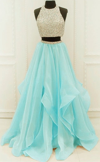 Chic Organza Ruffles Two Piece Prom Dresses With Sequins And Beads  cg6374