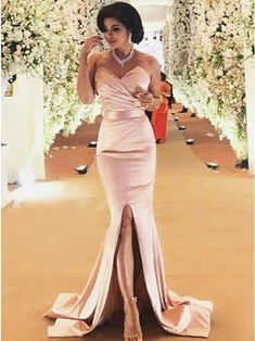 Mermaid Sweetheart Ruched Pink Stretch Satin Prom dress cg6376
