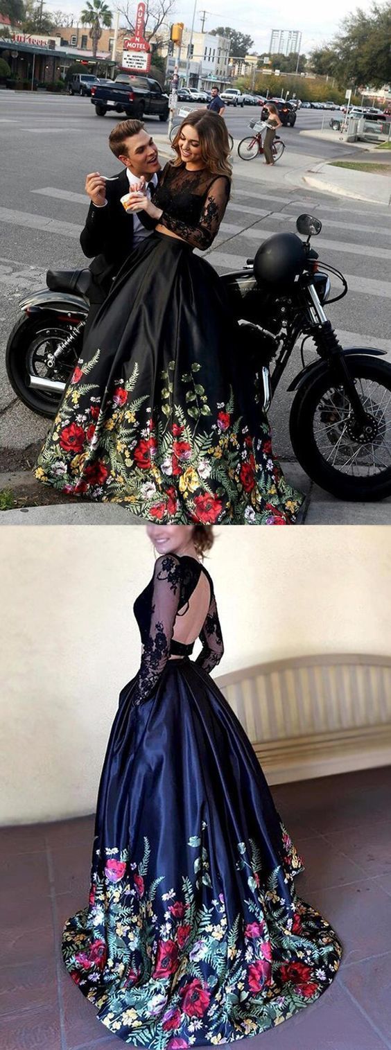Two Piece Black Prom Dresses, Long Sleeve Prom Dresses, Open-back Prom Dresses, Appliques lace Prom Dresses  cg639
