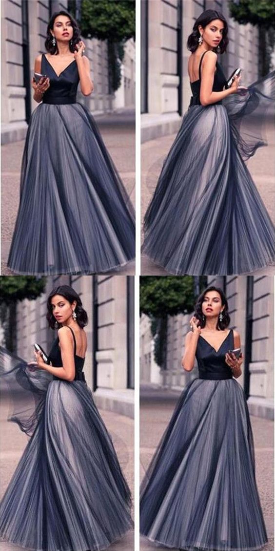 Modest Black Prom Dress,V Neck Tulle Prom Dress,Custom Made Evening Dress cg640