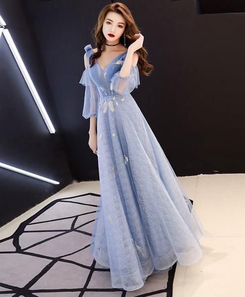 Blue v neck tulle lace long prom dress, blue evening dress  cg6416