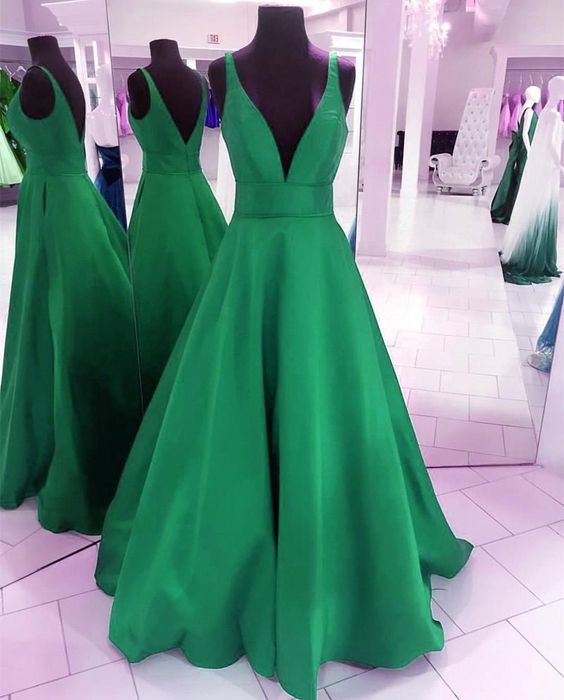 Deep V-neck Long Satin Floor Length Ballgowns Prom Dresses  cg6420