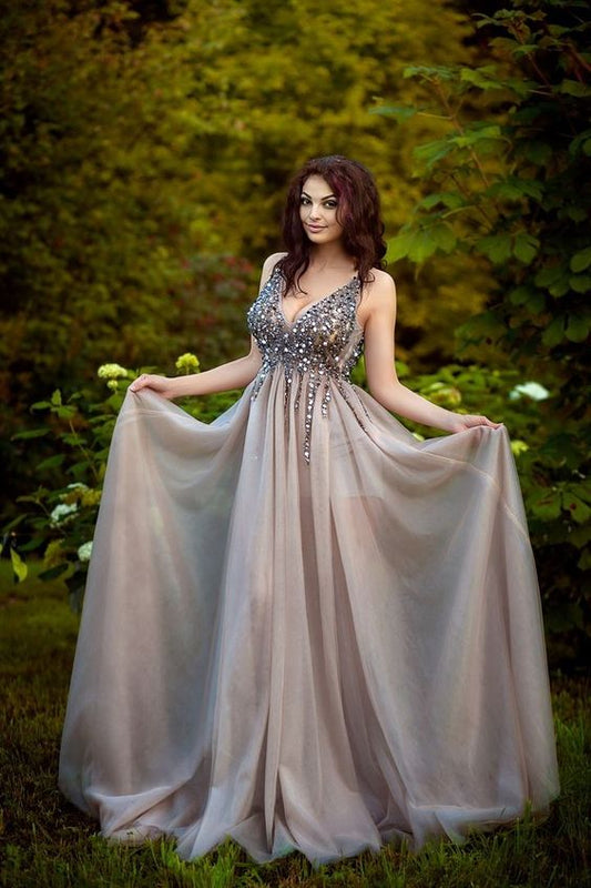 Fashion Sexy Back Open Gray Tulle Long Prom Dress   cg6473