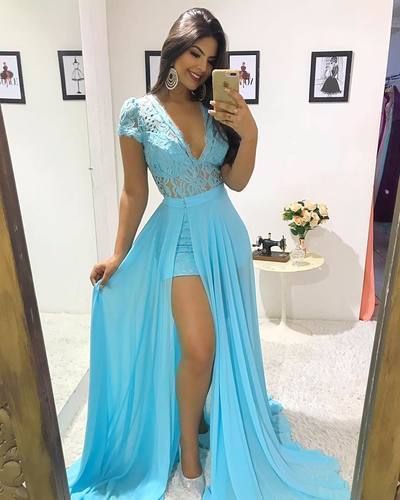 Blue Long Prom Dress Sexy Lace Deep V Neck Capped Sleeves Detachable Sweep Train Chiffon Formal Evening Dresses   cg6508