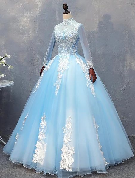 Gorgeous Blue Long Sleeves Ball Gown Sweet 16 Dress, Charming Formal prom dress cg6514