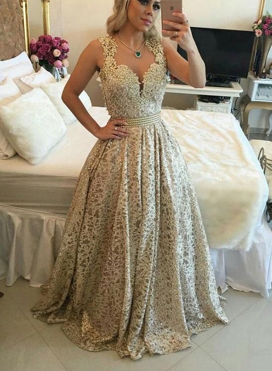 Stylish Gold Lace Long Prom Dresses Beaded Evening Dresses A-Line Formal Dresses  cg6570
