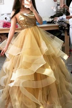 Spaghetti-straps Gold Long Prom Dress, Sweet 16 Dance Dress   cg6637