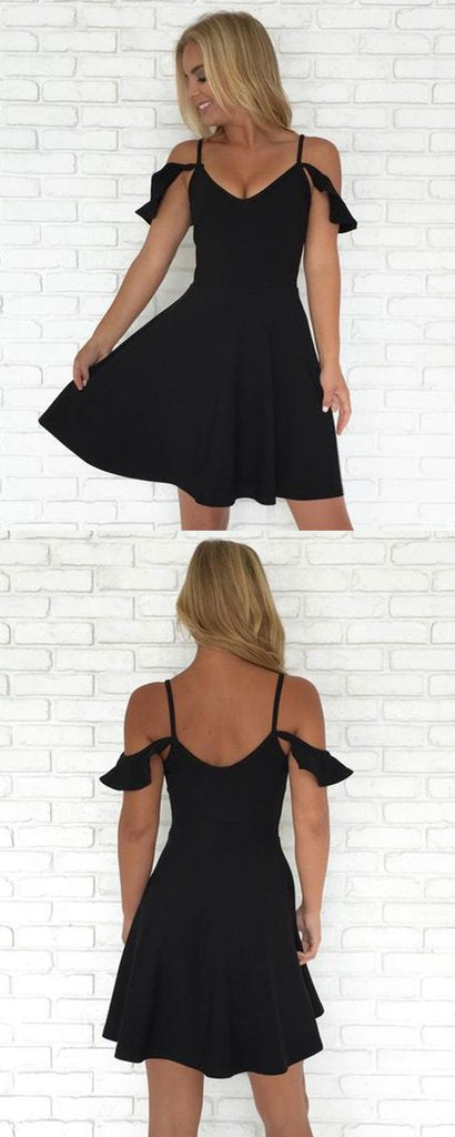 Simple A-Line Spaghetti Straps Black Short Homecoming Dresses cg666
