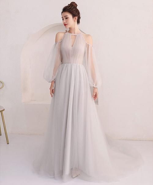 Unique gray tulle long prom dress, gray evening dress  cg6676