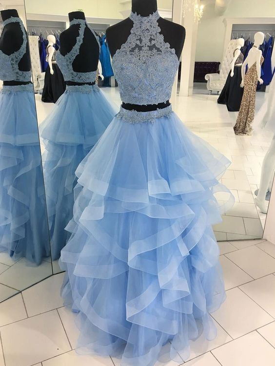 Tulle High-neck Neckline Two-piece A-line Prom Dresses With Beaded Appliques cg673