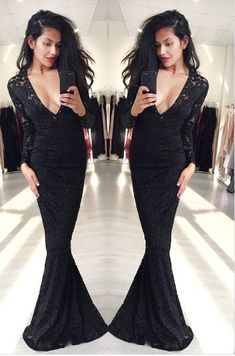 Mermaid Prom Dresses,Black Prom Dress,Long Sleeve Prom Dress,Lace Formal Gown  cg6734