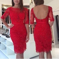 Half Sleeve short homecoming Dress with Beaded, Red Lace Evening Dress,Knee Length Gown  cg6749