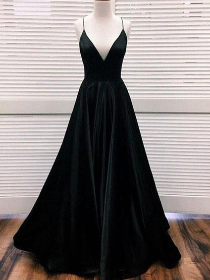 Black v neck satin long prom dress, black evening dress  cg676