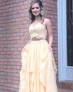 V Neck Two Piece Yellow Long Prom Dress    cg6773