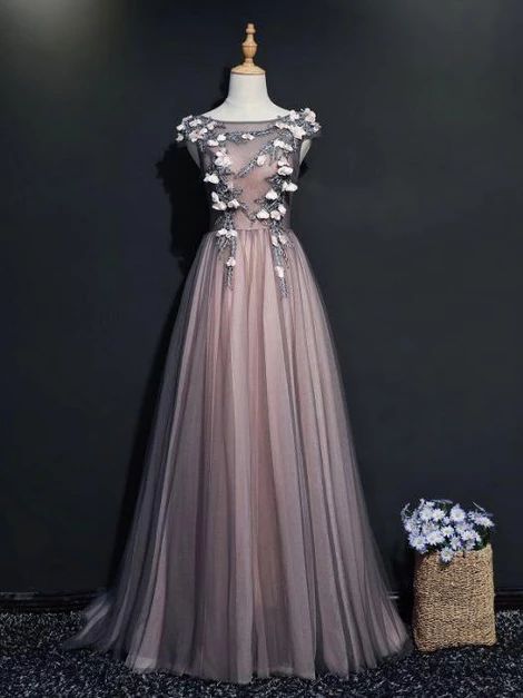 Simple a-line scoop floor length gray pink applique tulle prom dress evening dress  cg6883