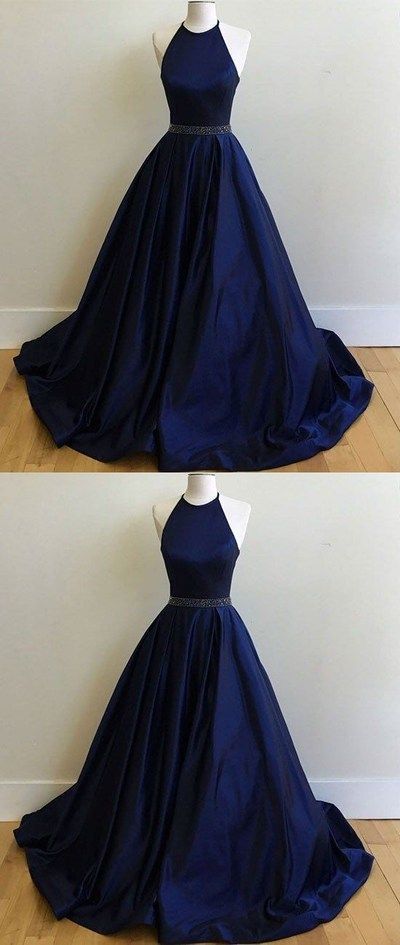 halter navy blue satin prom dress with belt, long simple formal dress cg690
