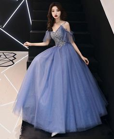 Blue v neck tulle lace long prom dress, blue tulle evening dress  cg6903