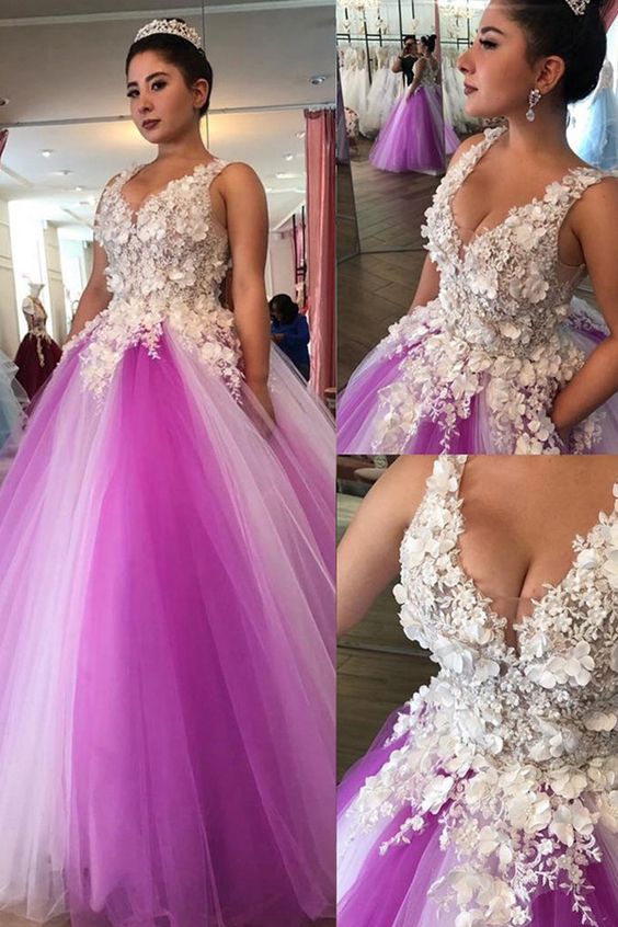 Fantastic Tulle V-neck Neckline Floor-length Ball Gown Prom Dresses With Lace Appliques & Beaded Handmade Flowers  cg6919