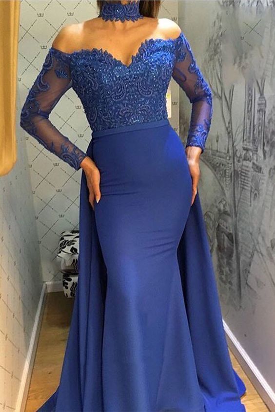 Unique Prom Dresses, Charming Mermaid Royal Blue Long Sleeves Off Shoulder Sweetheart Lace Prom Dress  cg6931