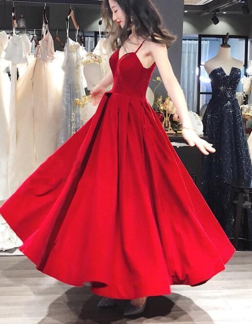 Beautiful Red Velvet Straps Long Evening Formal Dress, Red Party prom Dress  cg6938