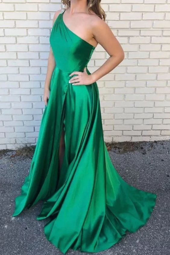 Elegant A-Line One Shoulder Green Long Prom Dress   cg6939