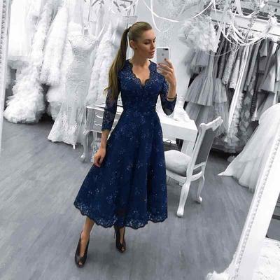V Neck Long Sleeves Royal Blue Lace Appliques Beaded prom dress   cg6948