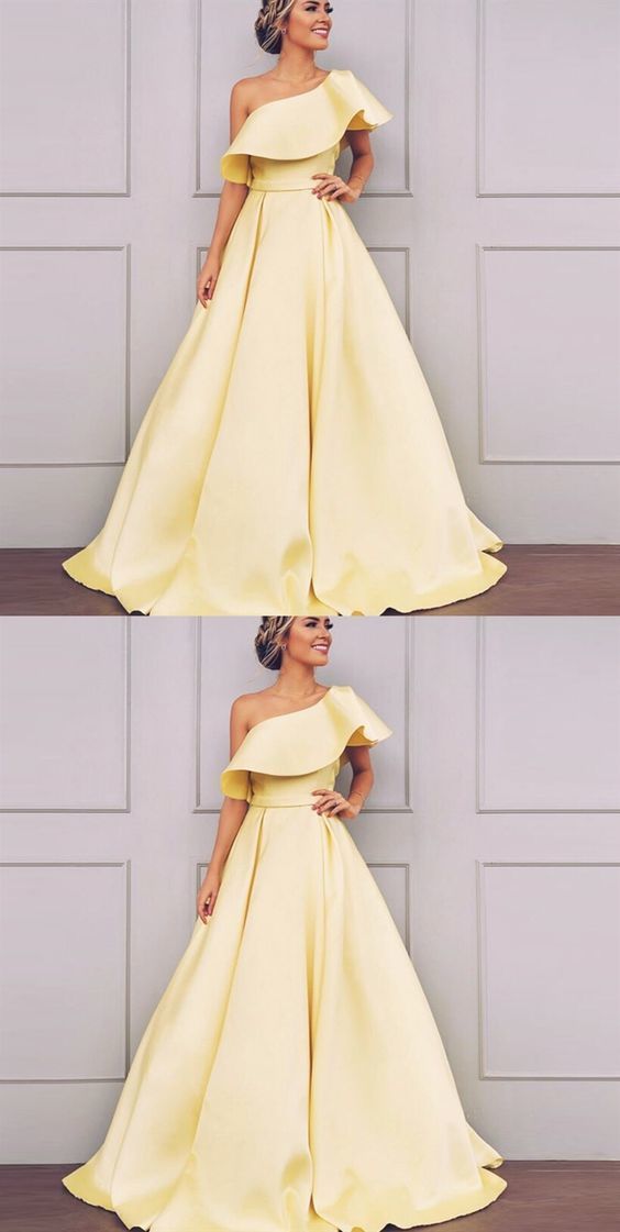 Simple one shoulder yellow long prom dress 2019 cg695