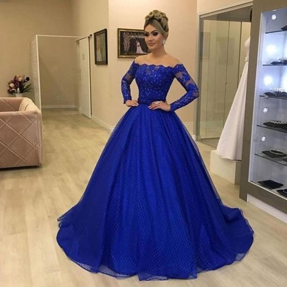 royal blue prom dresses 2020 long sleeve detachable skirt ball gown lace evening dresses  cg6965