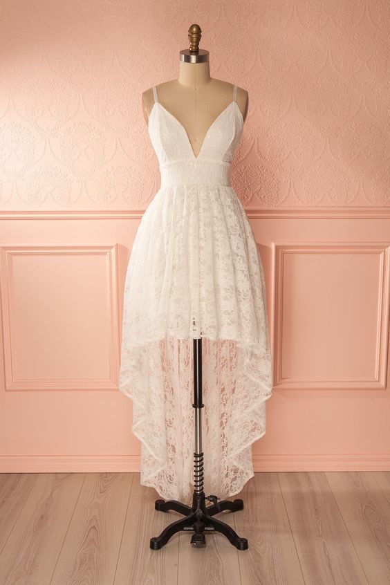 Simple Spaghetti Straps Hi-lo Prom Dress,White Lace Prom Dress  cg6972