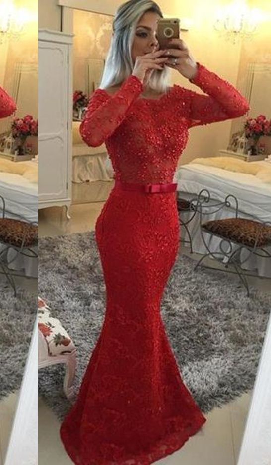 2020 Gorgeous Red Illusion Mermaid/Trumpet Lace Prom Dresses  cg7003