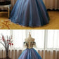 Elegant Off Shoulder Appliqued Ball Gown,A-Line Blue Organza Long Prom Dresses  cg701