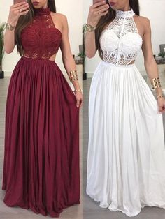 Simple Prom Dress, 2020 Burgundy White Lace High Neck Sleeveless Sheath/Column Chiffon Prom Dresses  cg7035