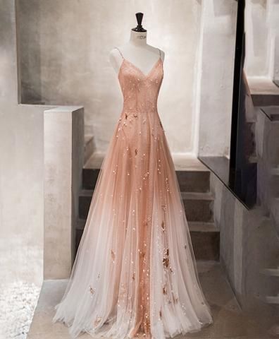 Unique champagne tulle long prom dress, tulle evening dress  cg710