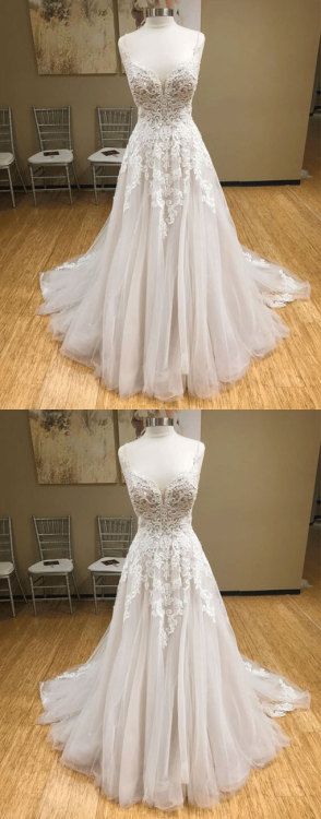 Wh v neck tulle long prom dress, lace evening dress, white lace wedding dress  cg7109