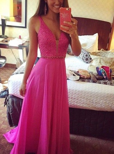 Hot Pink Beaded Prom Dresses,Deep V-neck Prom Dress,Sexy Evening Dresses  cg7141