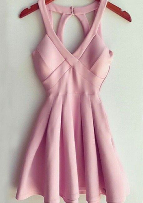 Stylish A-Line Deep V Neck Short Mini Pink Satin Homecoming Dress With Keyhole Back  cg7157