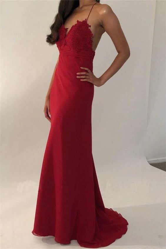 Sexy Red Spaghetti Straps V Neck Mermaid Prom Dresses, Long Evening Dress   cg7214