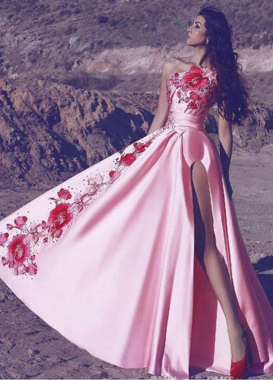 Prom Dresses Beautiful, Arabic Pink One Shoulder Prom Dresses Long Satin Embroidery Appliques  cg7224