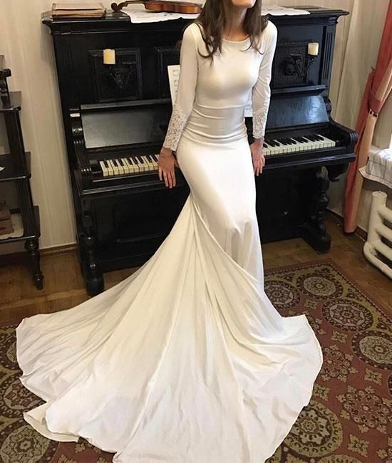 White Round Neck Satin Mermaid Long Prom Dresses White Evening Dress Party Gown  cg7228